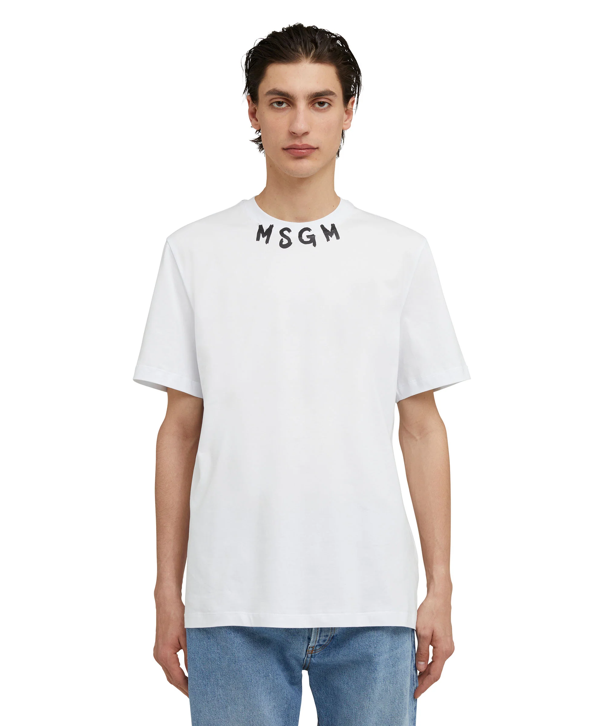 Cotton crewneck t-shirt with brushed MSGM logo at the neckline - Image 3