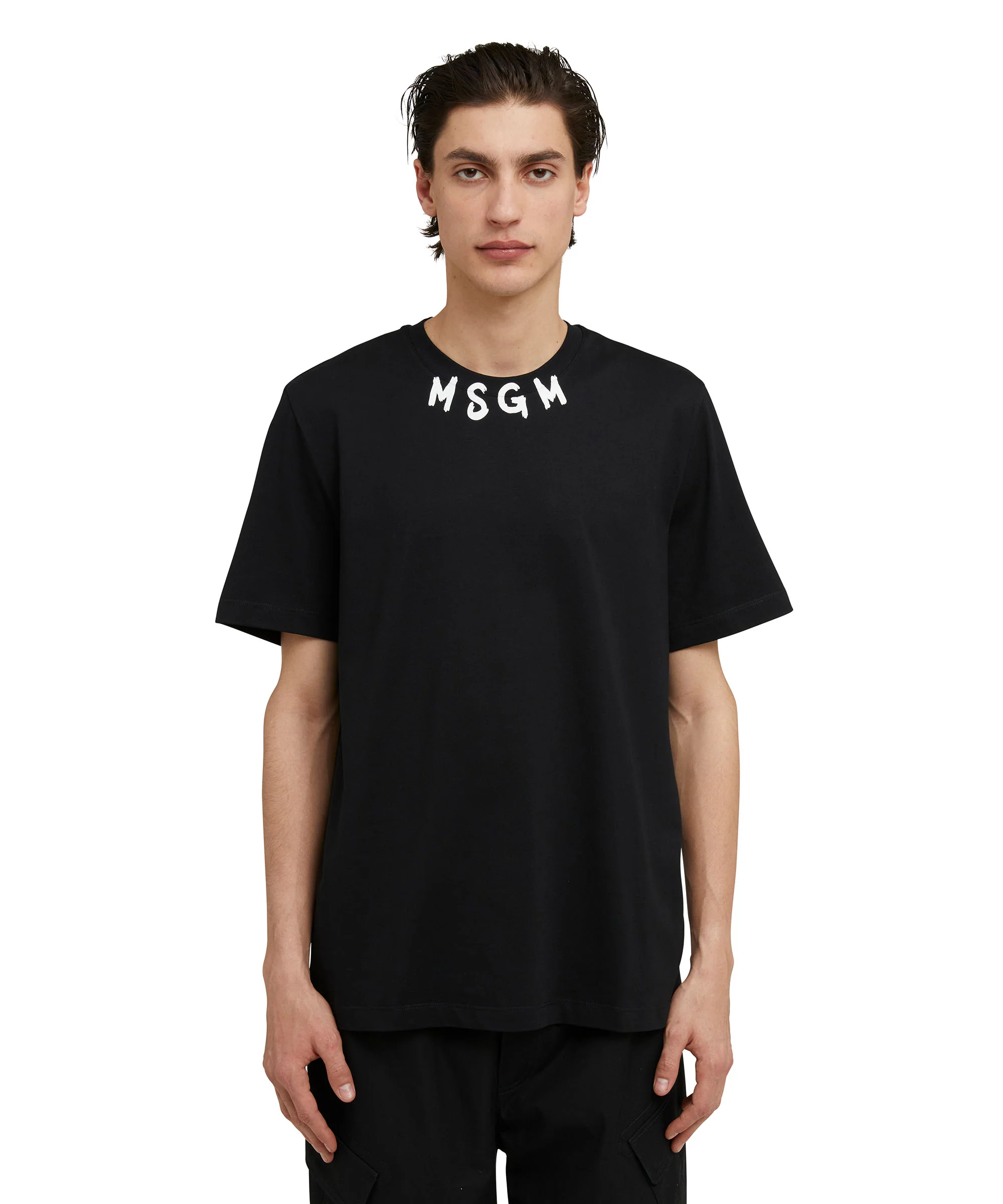 Cotton crewneck t-shirt with brushed MSGM logo at the neckline - Image 3