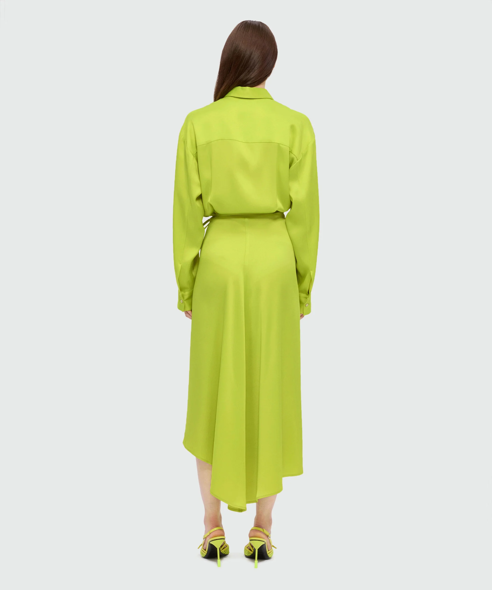 Lime satin midi dress with pareo-style skirt - Image 3