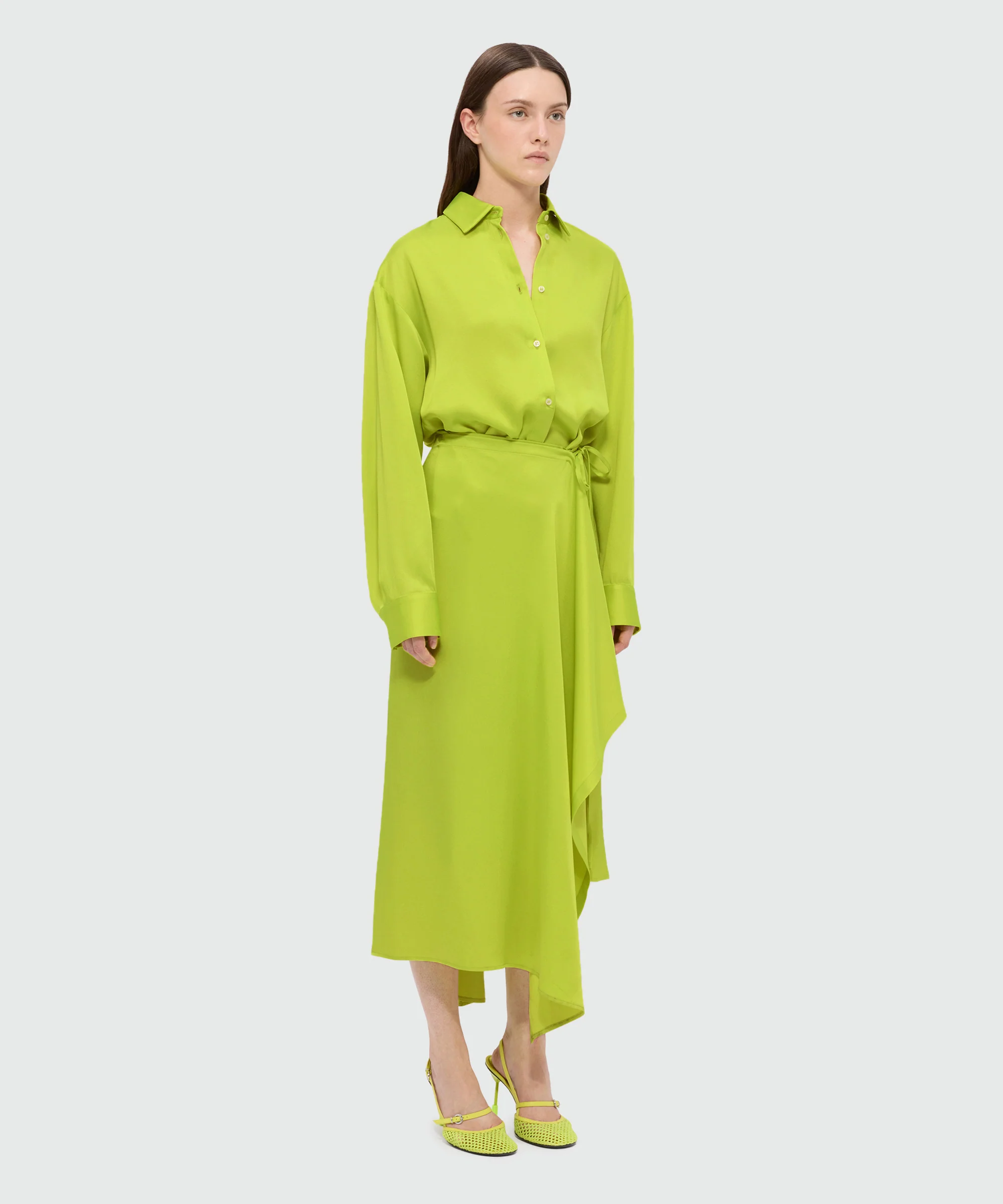 Lime satin midi dress with pareo-style skirt - Image 4