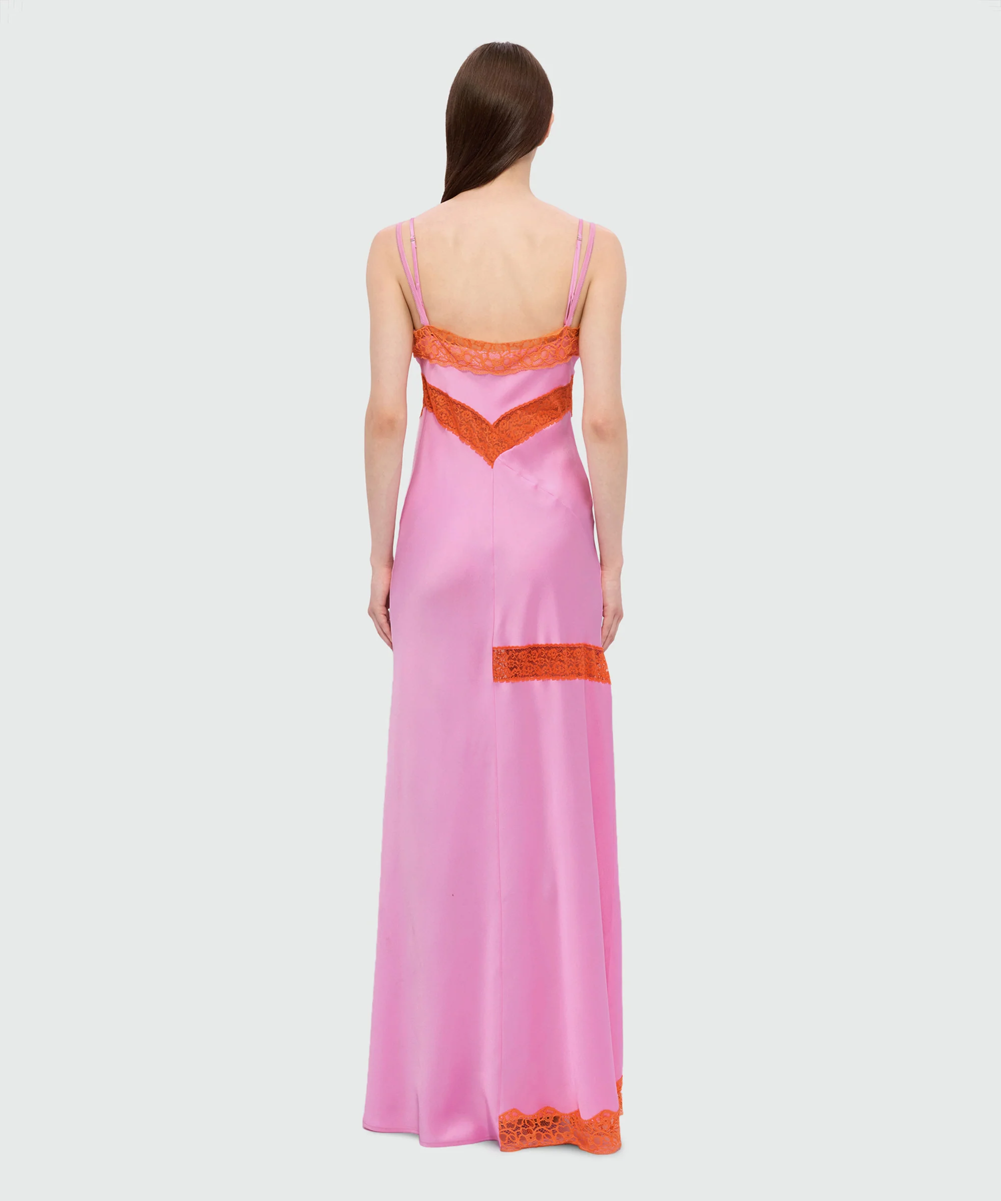 Pink satin long dress with lace inserts - Image 3